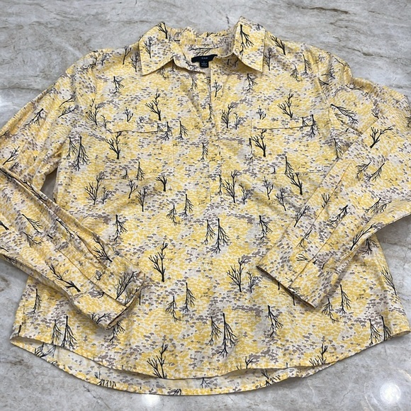 VINTAGE GAP Western Blouse | Butter Yellow & Grey Treescape Print |‎ Size Large - Picture 1 of 12